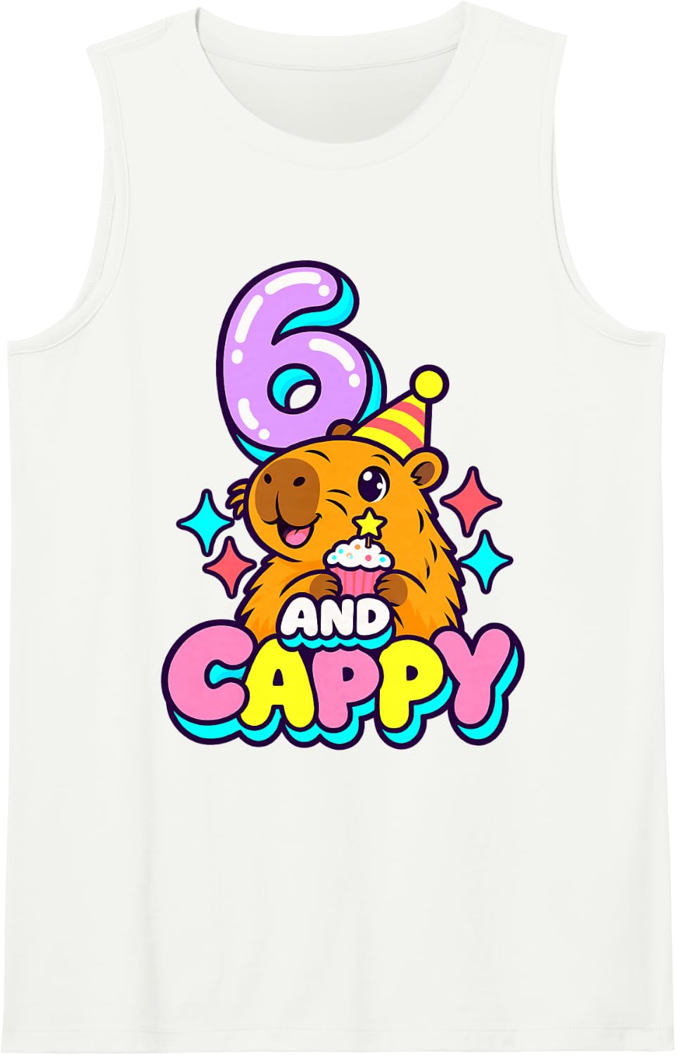 Cappy and 6 Capybara 6th Birthday Party Sparkles Cake Sleeveless Tank Top - White