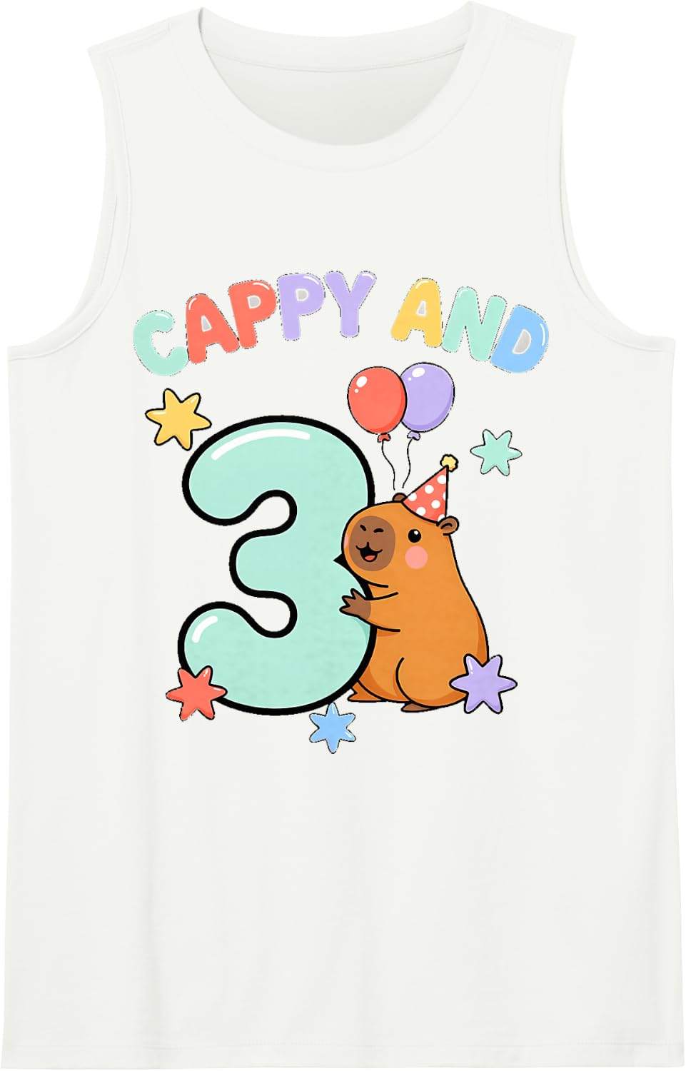 Cappy and 3 Cute Capybara 3rd Birthday Balloons Funny Sleeveless Tank Top - White