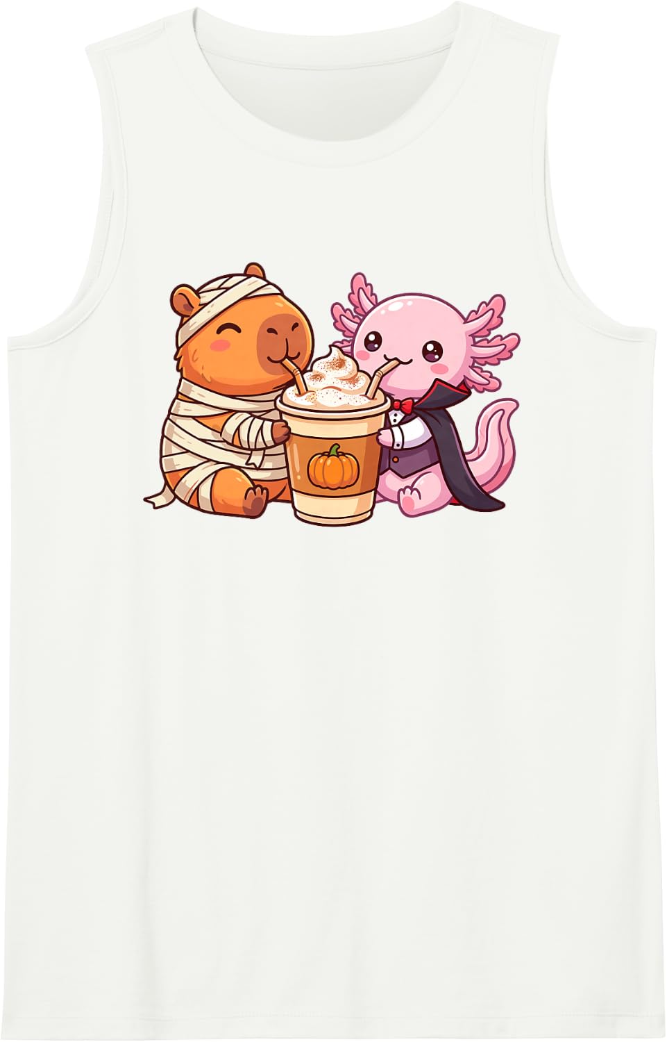 Capybara Mummy Axolotl Vampire Pumpkin Spice Latte Cute Sleeveless Tank Top - White