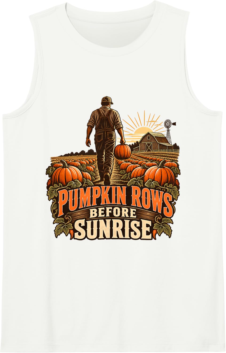 Pumpkin Rows Before Sunrise Farm Farmer Sleeveless Tank Top - White
