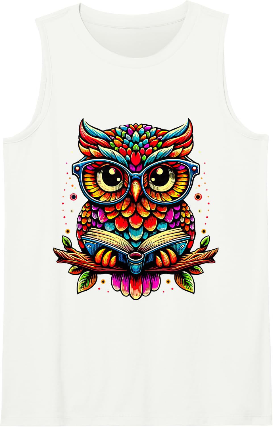 Owl with Glasses and Book Reading Sleeveless Tank Top - White