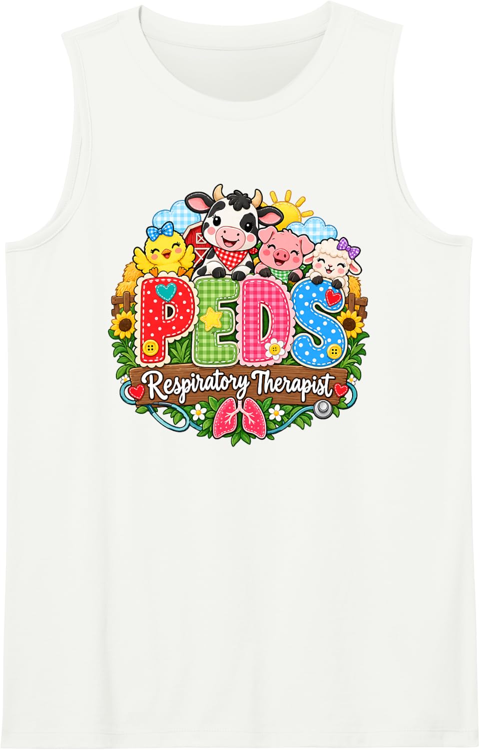 Cute PEDS Respiratory Therapist Farm Animals Kids Lung Care Sleeveless Tank Top - White