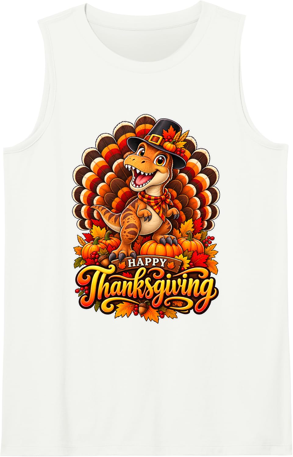 Happy Thanksgiving Dinosaur T Rex Funny Fall Design Sleeveless Tank Top - White