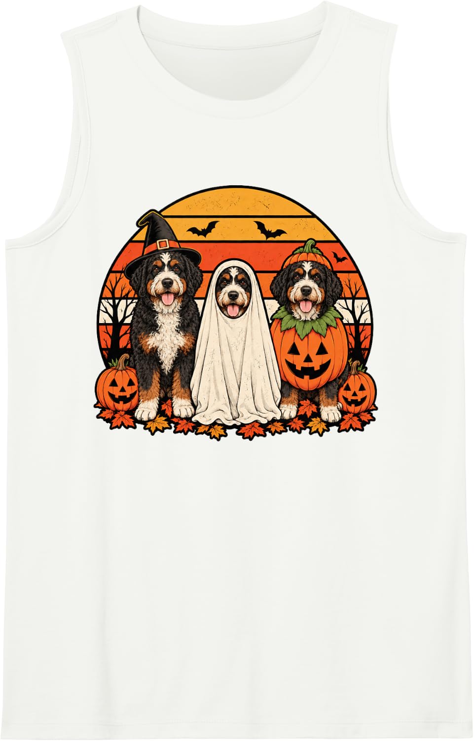 Spooky Bernedoodle Pumpkin Ghost Halloween Doodle Dog Lover Sleeveless Tank Top - White