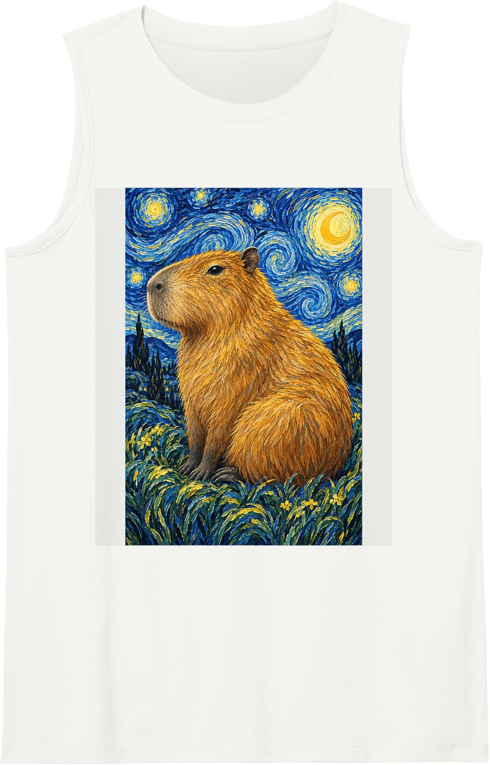 Capybara Van Gogh Style Starry Night Funny Graphic Humor Sleeveless Tank Top - White