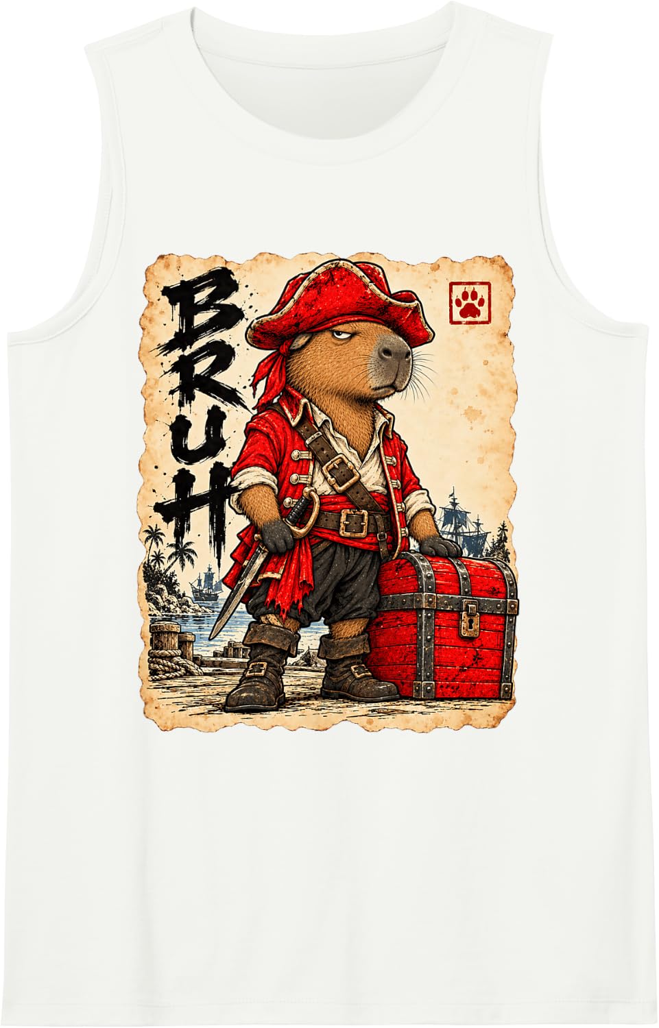 Pirate Bruh Anime Kawaii Otaku Japanese Art Pirate Capybara Sleeveless Tank Top - White