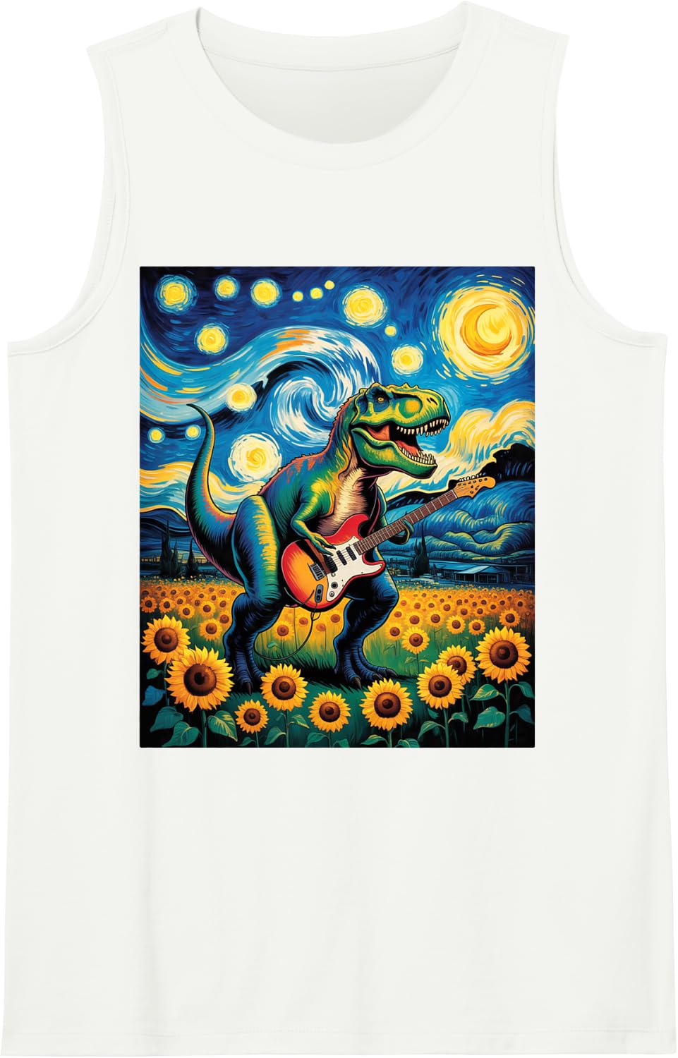 Dinosaur Starry Night Van Gogh Rock T Rex Playing Guitar Sleeveless Tank Top - White