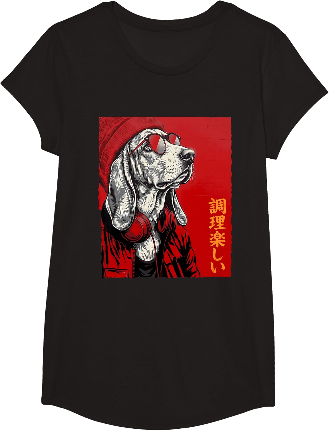 Basset Hound Hipster Headphone Japanese T-Shirt - Girls Black