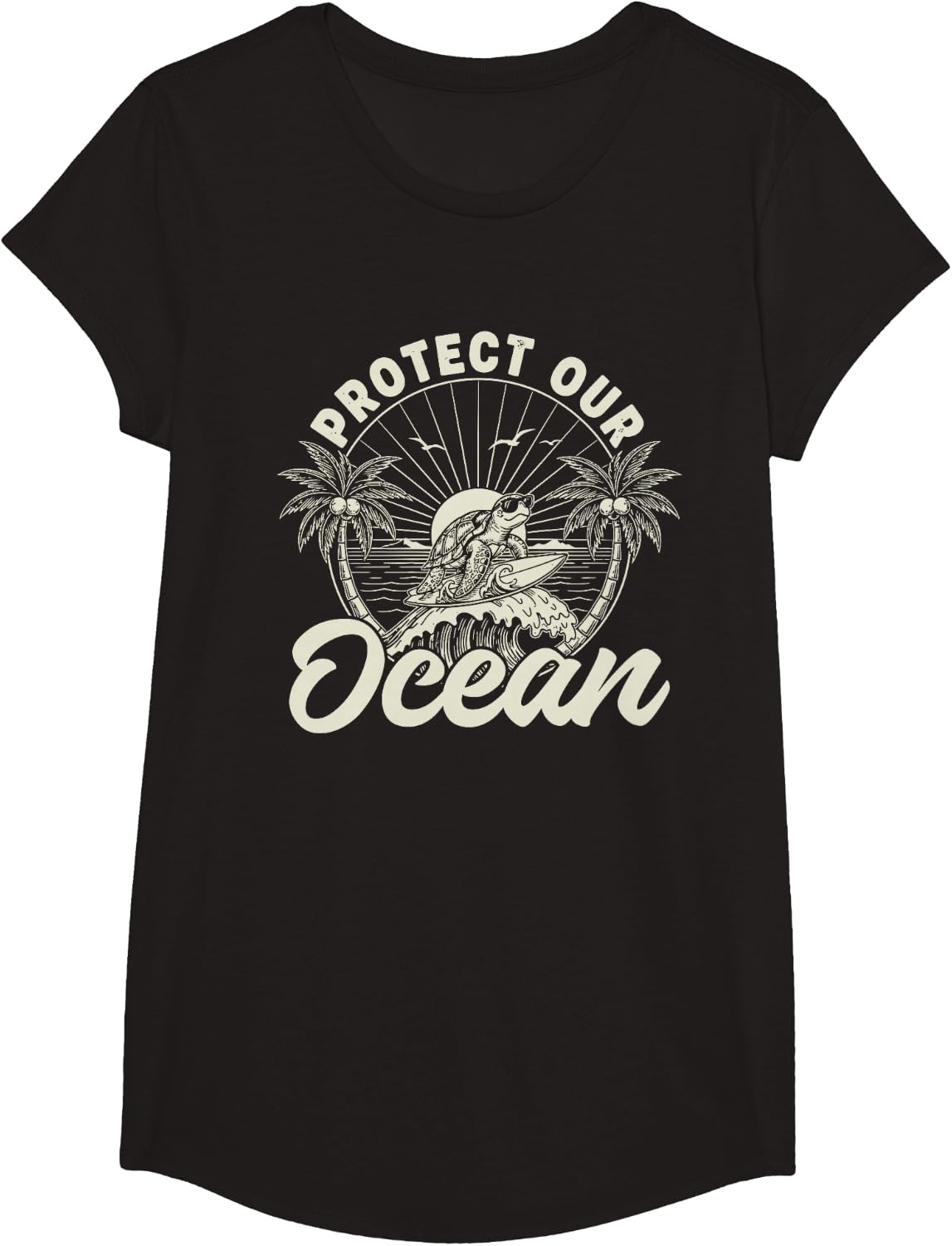 Save Sea Life Turtle Tee Protect Our Ocean Surf Beach Nature T-Shirt - Girls Black