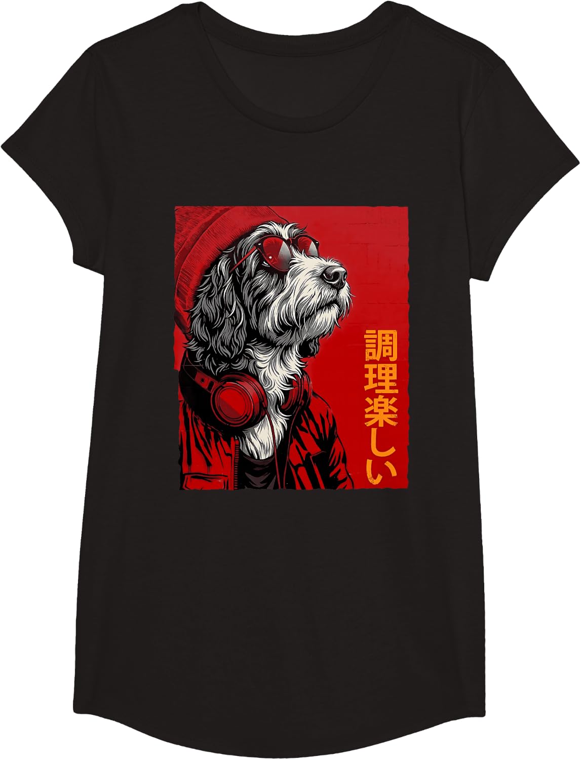 Bernedoodle Hipster Headphone Japanese T-Shirt - Girls Black