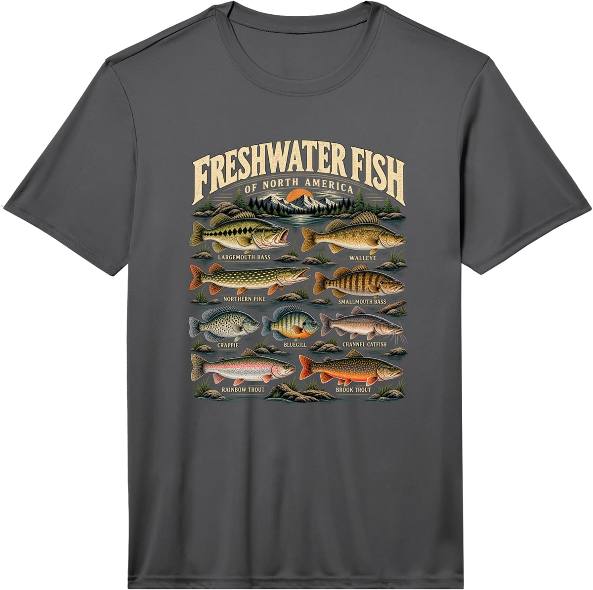 Men's Freshwater Fish North America Bass Trout Fishing Performance T-Shirt - Asphalt Grey