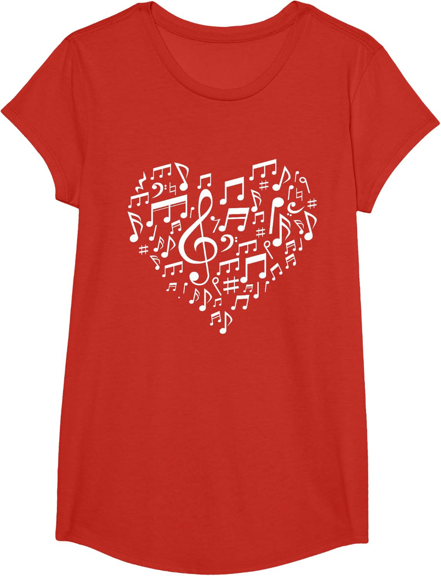Heart Shape Musical Notes Music Lovers Gift Valentines Day T-Shirt - Girls Red