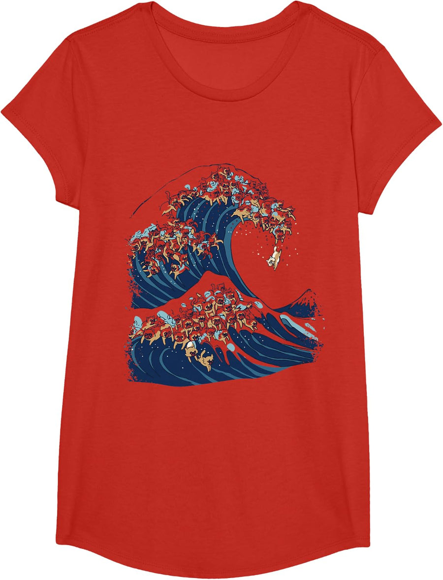 The Great Wave of Cats Japanese Art T-Shirt T-Shirt - Girls Red