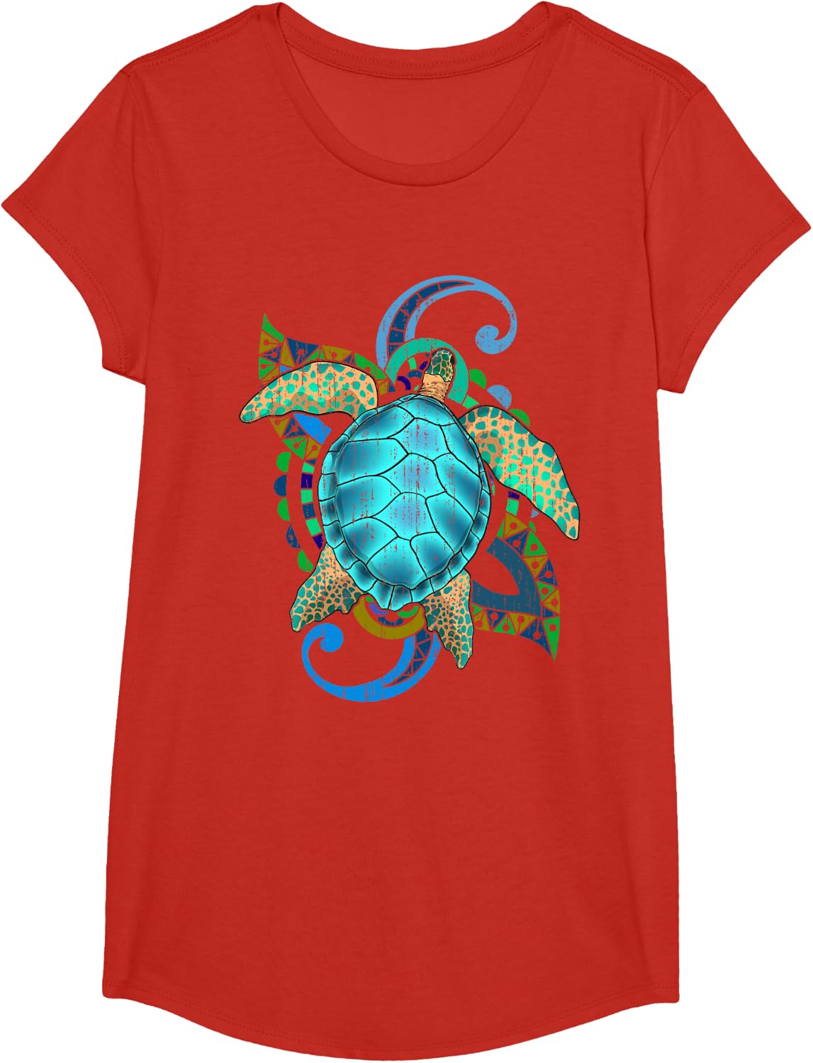Maori Ocean Animal Polynesia Tattoo Sea Turtle T-Shirt - Girls Red