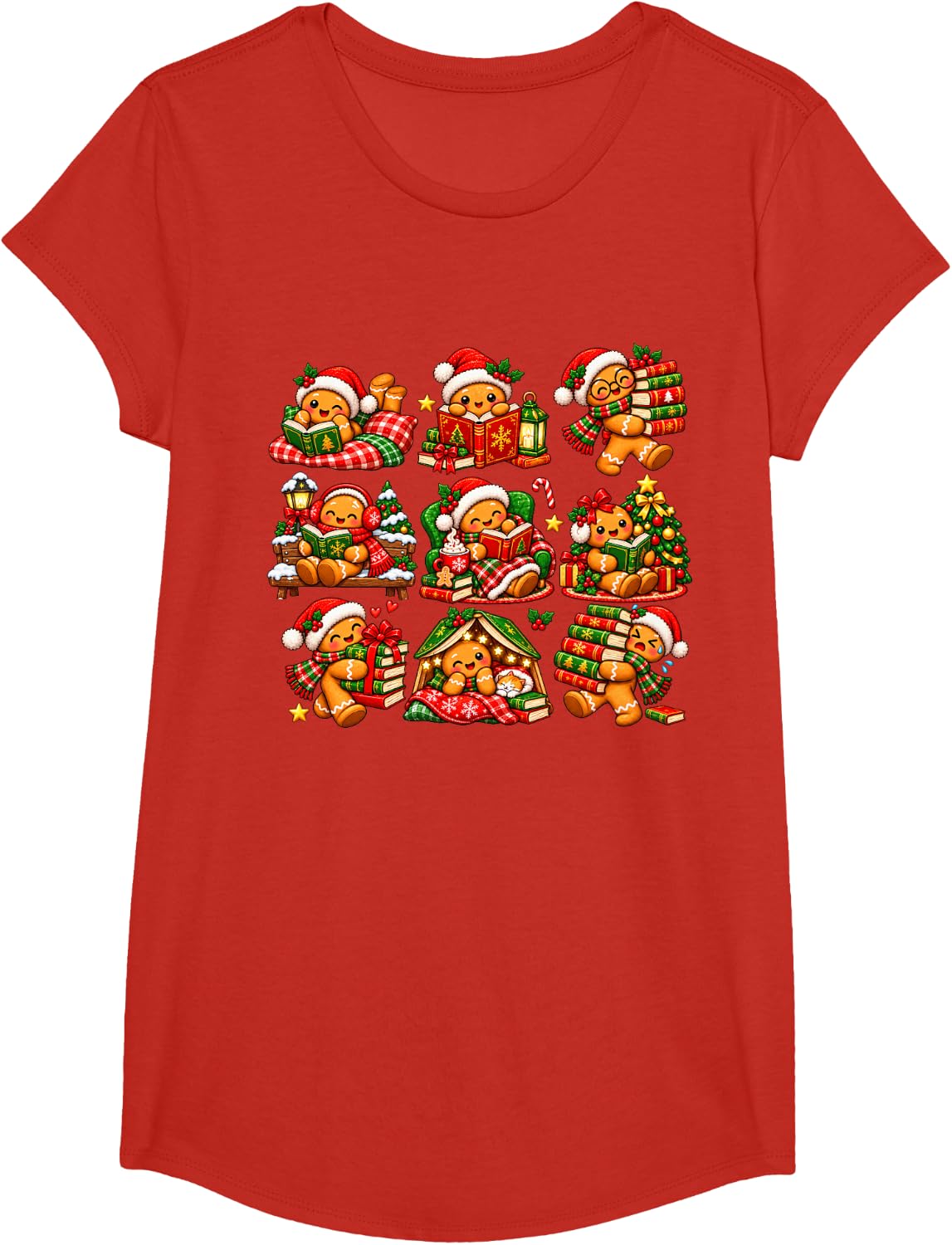Christmas Gingerbread Reading Books Cute Librarian Bookworm T-Shirt - Girls Red