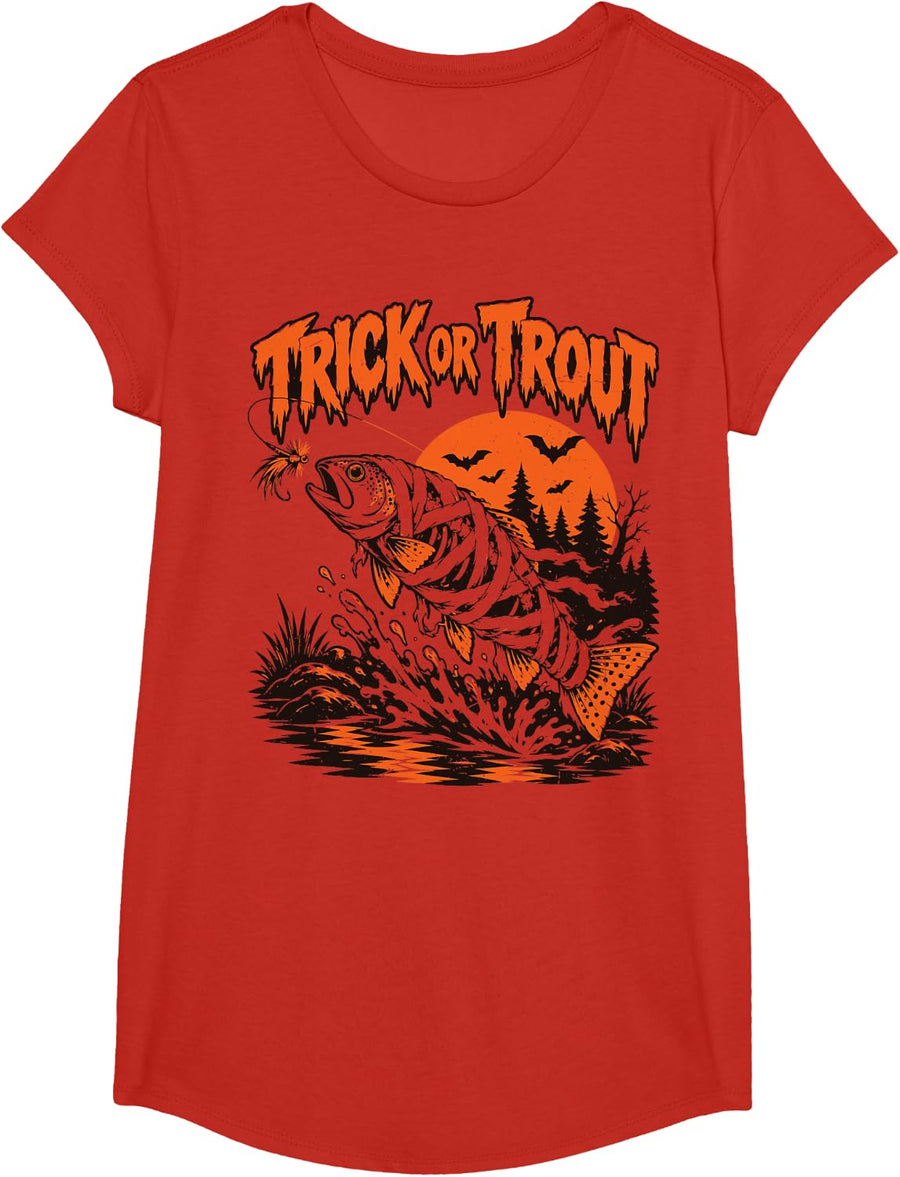 Spooky Fishing Halloween Costume Trick or Trout Fly Vintage T-Shirt - Girls Red