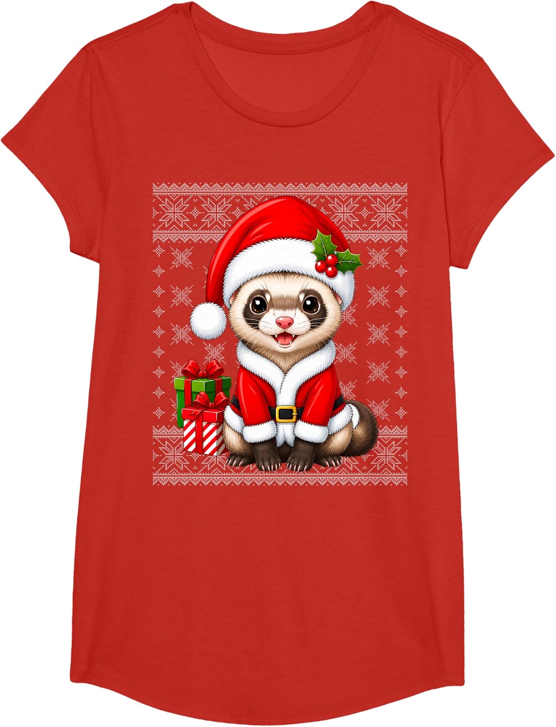 Ferret in Christmas Santa Costume Ugly Sweaters Xmas T-Shirt - Girls Red