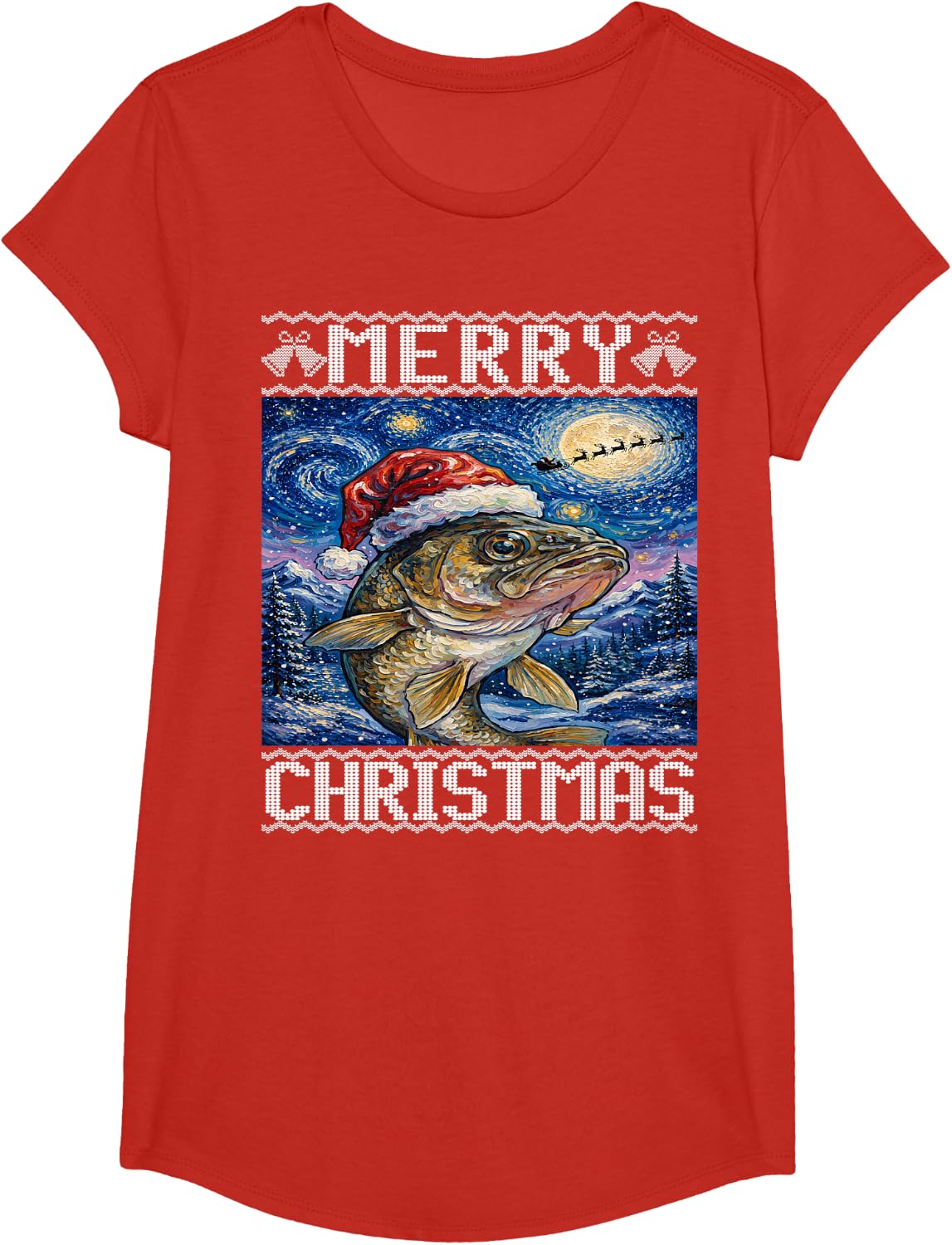 Walleye Fish Merry Christmas Ugly T-Shirt - Girls Red