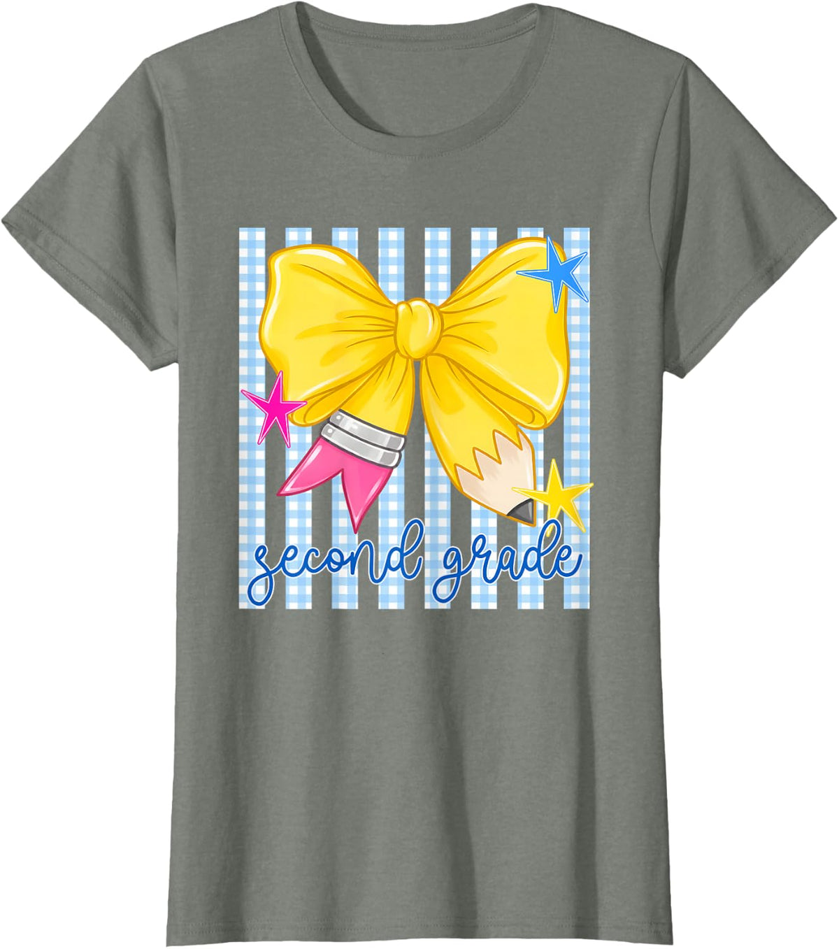 Pencil Bow Back to School Blue Gingham Striped Second Grade T-Shirt - Olive Heather
