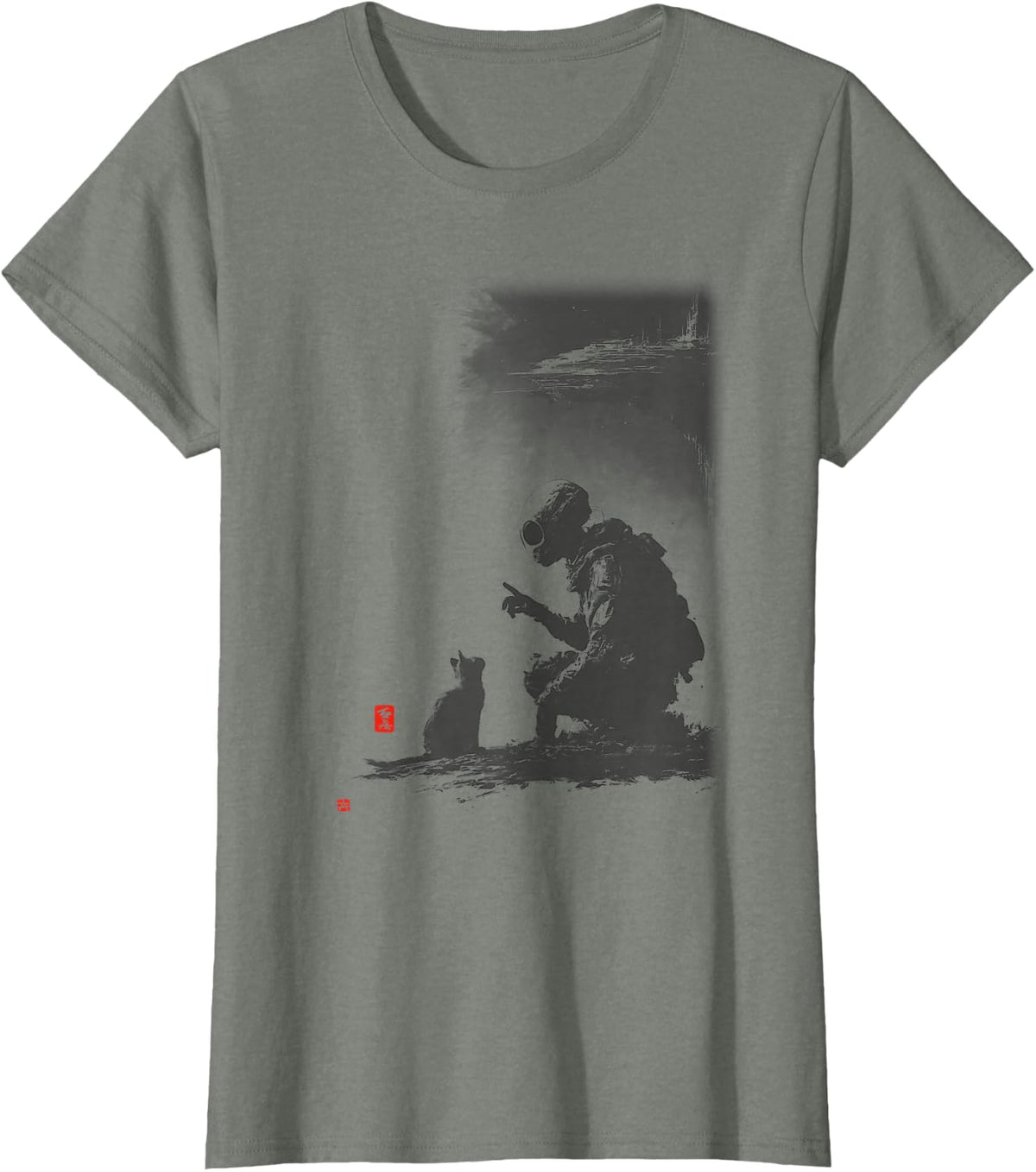 Alien and Cat Dad UFO Space Abduction Japanese Ink Men T-Shirt - Olive Heather