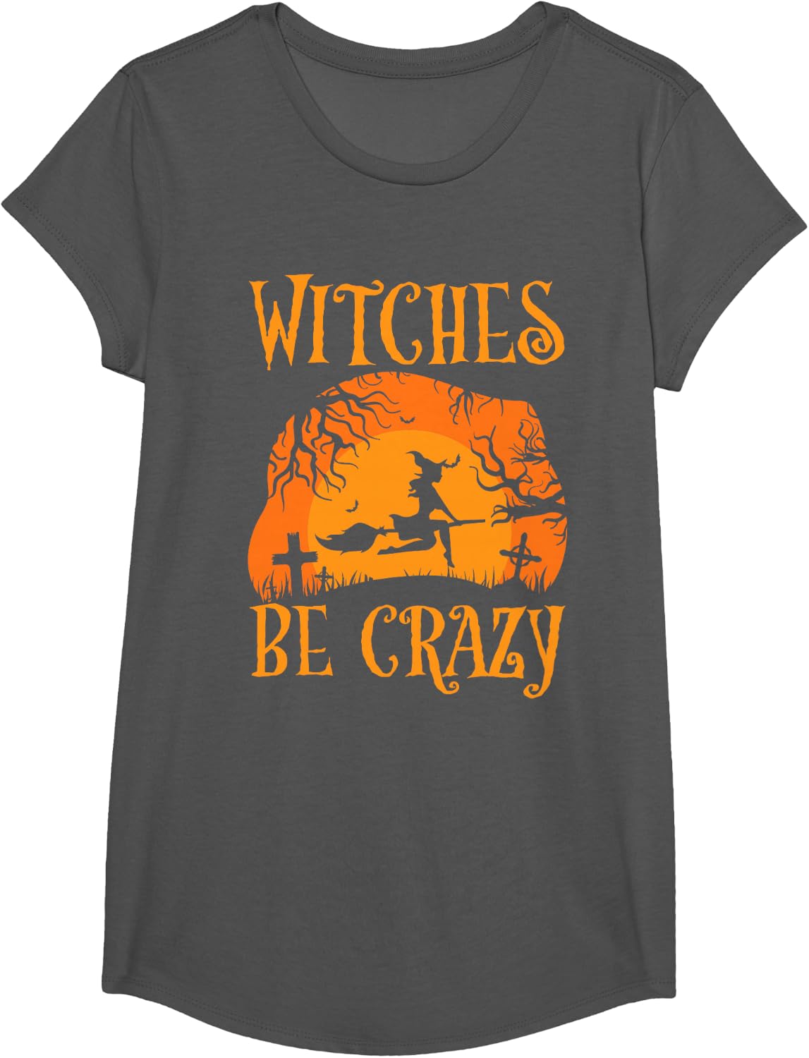 Witches Be Crazy Funny Witch Broom Halloween Costume T-Shirt - Girls Asphalt Grey