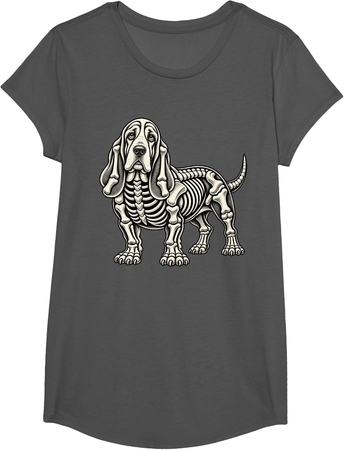 Basset Hound Dog Skeleton Halloween T-Shirt - Girls Asphalt Grey