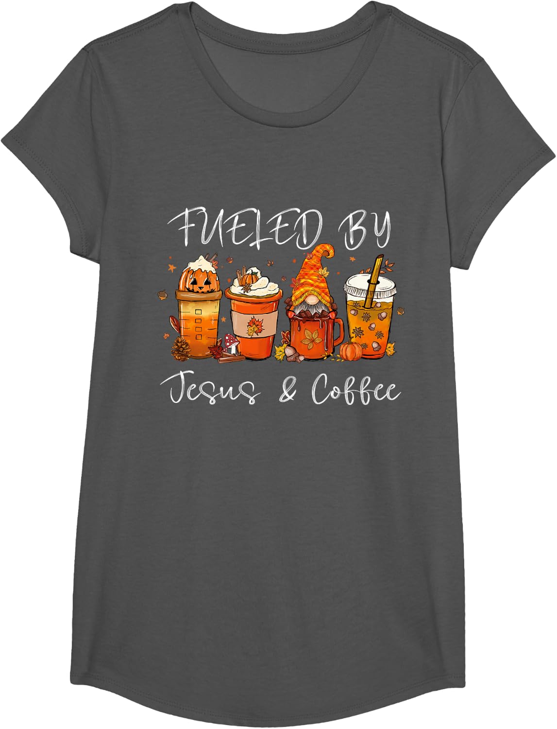 Fueled By Coffee Jesus Caffeine Lover Thanksgiving Day T-Shirt - Girls Asphalt Grey