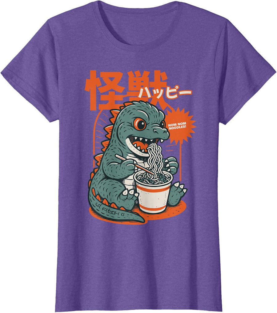Cute Kaiju Dinosaur Ramen Noodles Funny Dino Japanese Anime T-Shirt - Purple Heather