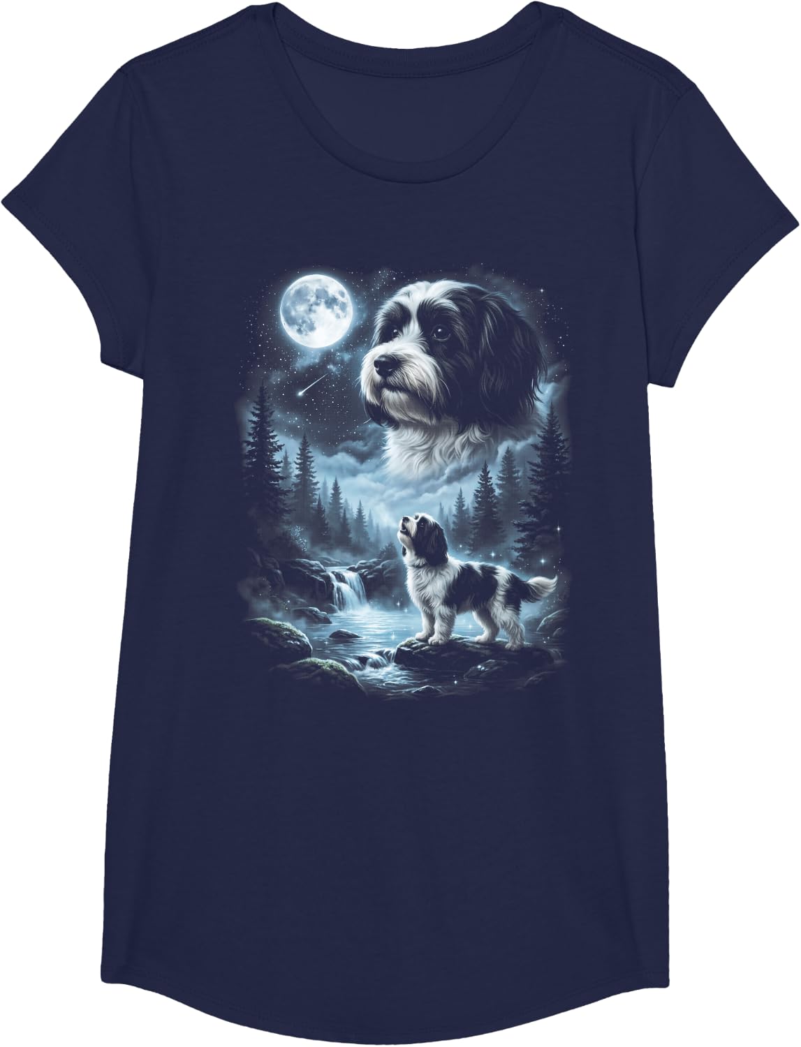 Havanese Howling to the Moon Retro 90's Dog T-Shirt - Girls Navy Blue