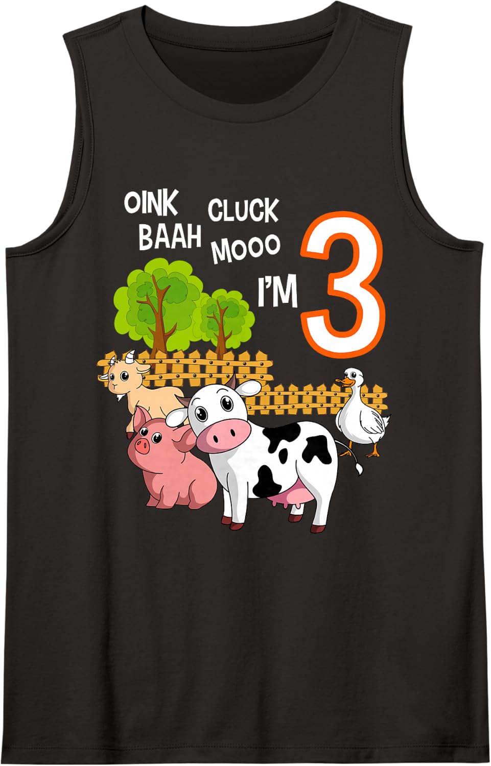 Oink Cluck Baah Mooo I'm 3 Farm Animal 3rd Birthday Party Sleeveless Tank Top - Black