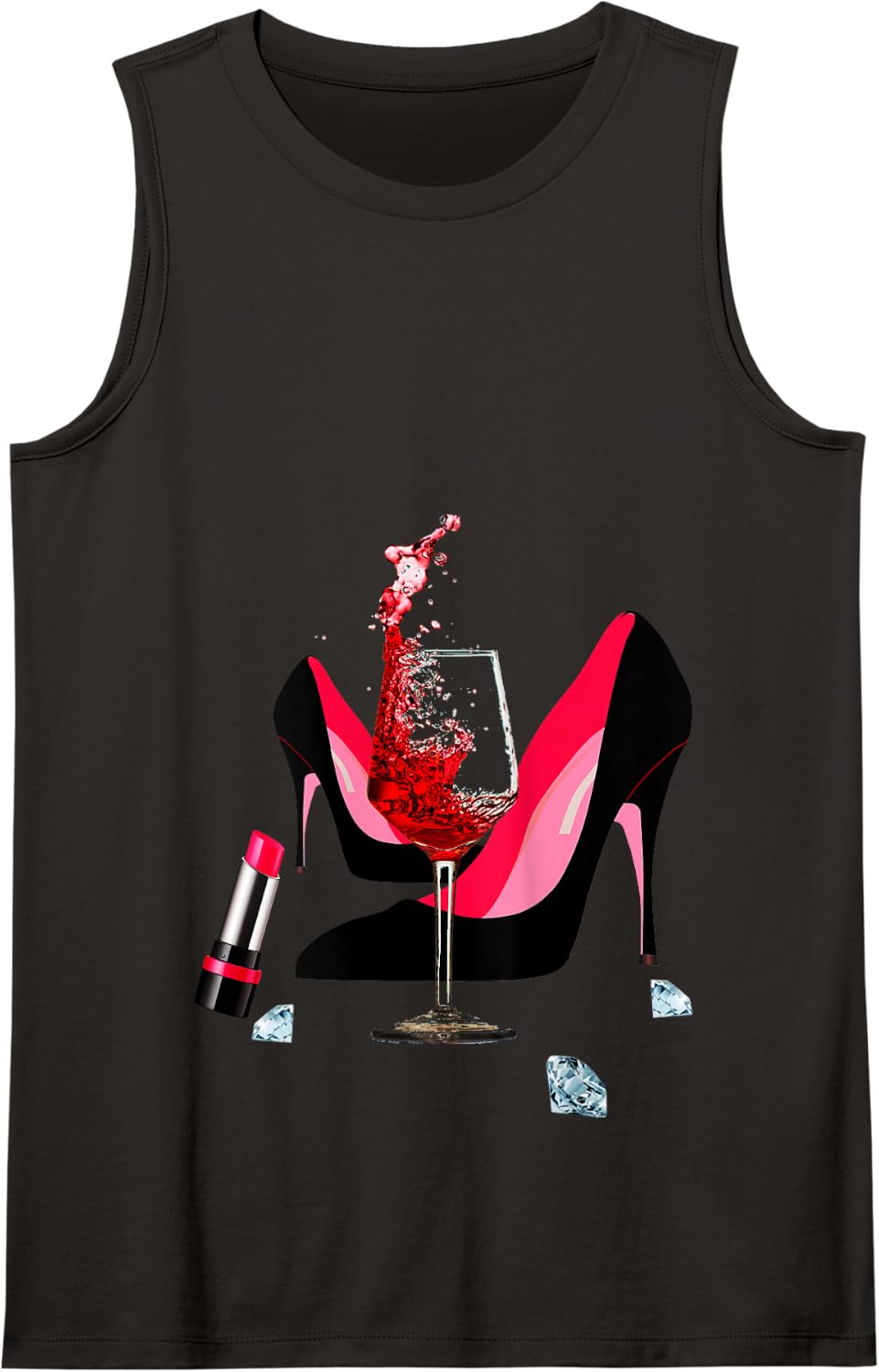 High heel shoes, red lipstick, red wine glass and diamonds Tank Top - Black