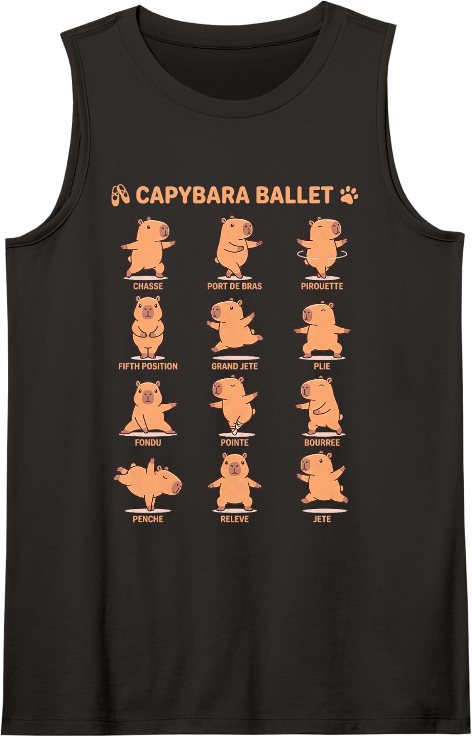 Capybara Ballet Kawaii Poses Cute Funny Animal Chart Sleeveless Tank Top - Black