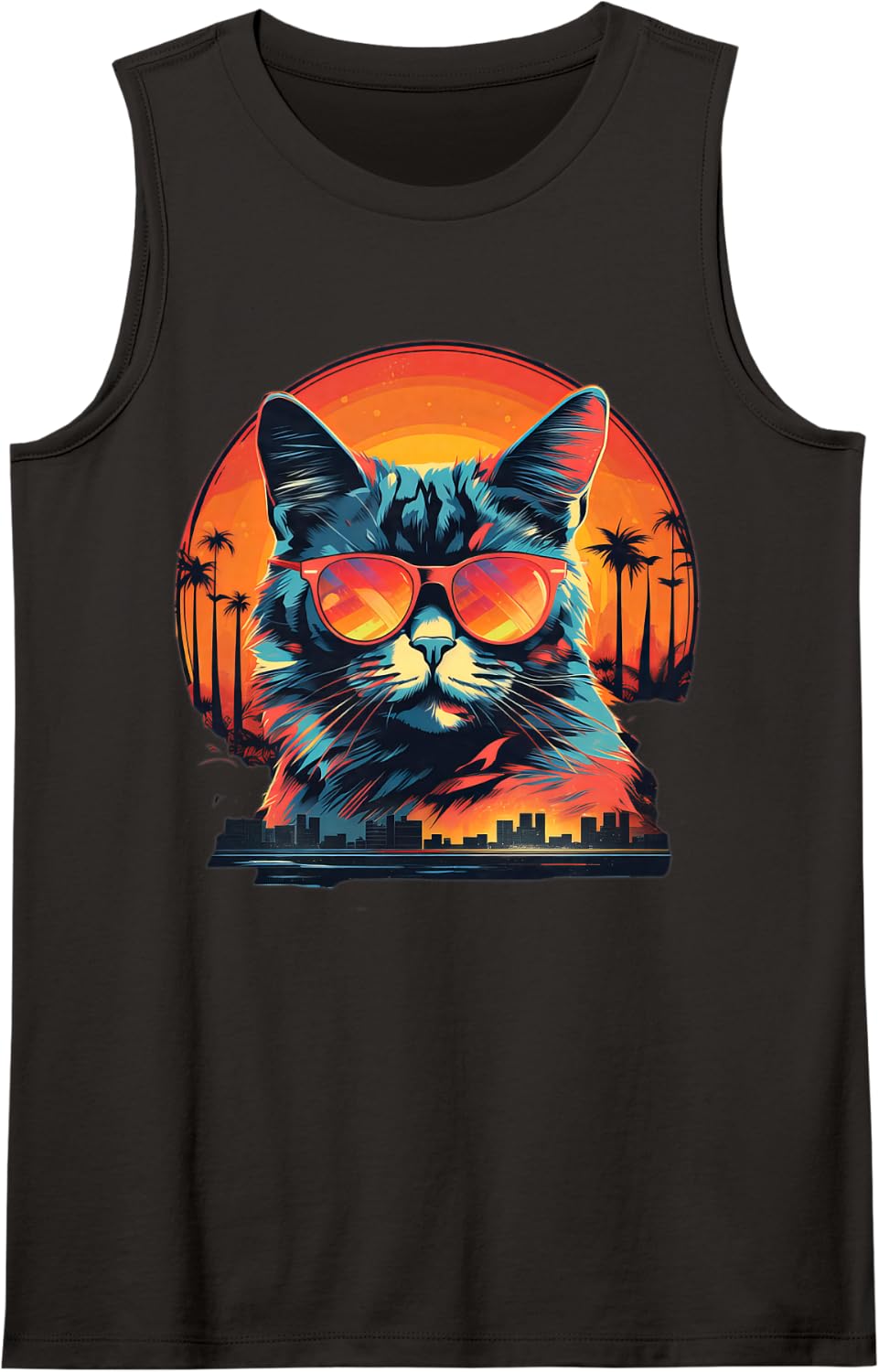 Gray Cat in Shades | Men's T-Shirt (S-6XL) | Graphic Tee Sleeveless Tank Top - Black