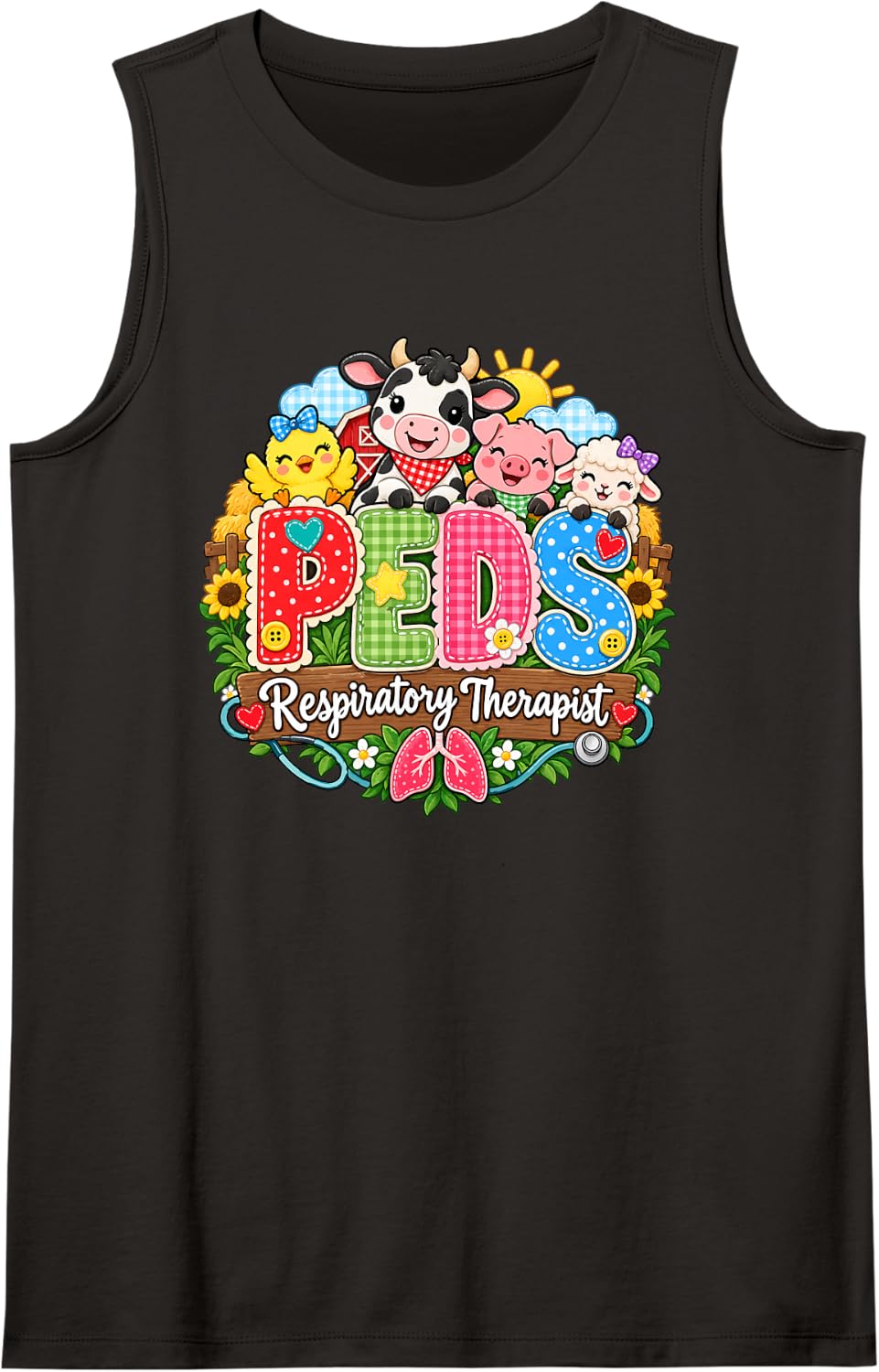 Cute PEDS Respiratory Therapist Farm Animals Kids Lung Care Sleeveless Tank Top - Black