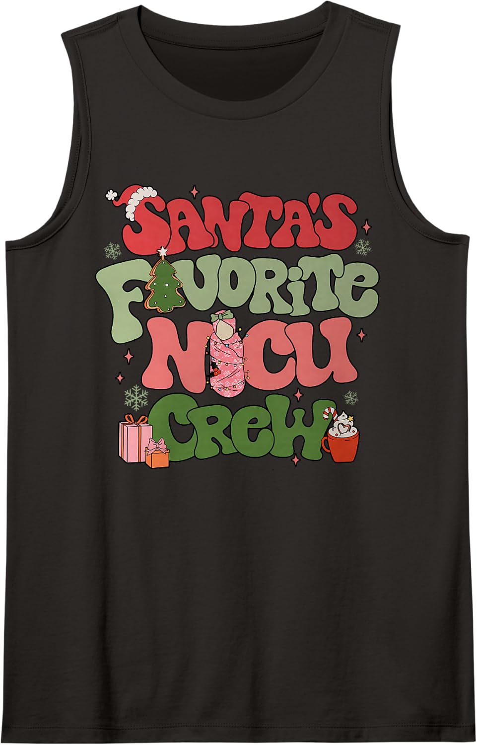 Retro Groovy Santa's Favorite Nicu Crew Nurse Neonatal ICU Sleeveless Tank Top - Black