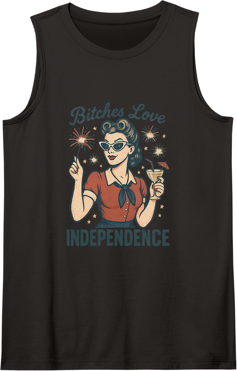 Retro Bitches Love Independence Funny 4th of July Sleeveless Tank Top - Black