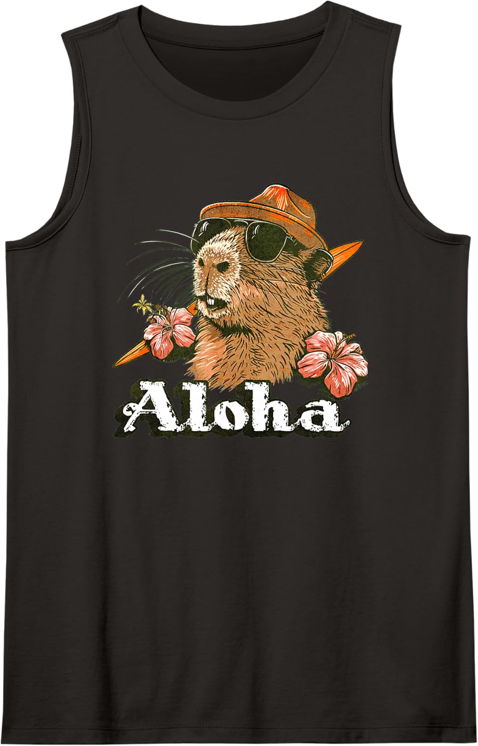 Cute Capybara Flower Hawaii Animal Lover Surfer Summer Sleeveless Tank Top - Black
