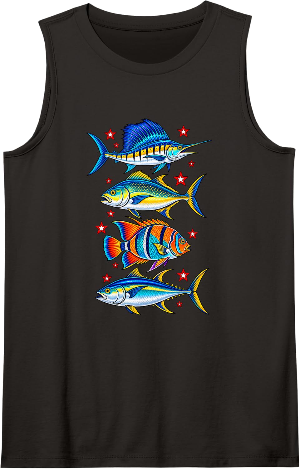 Saltwater Fishing Sailfish Tuna Tropical Fish Stars Sleeveless Tank Top - Black