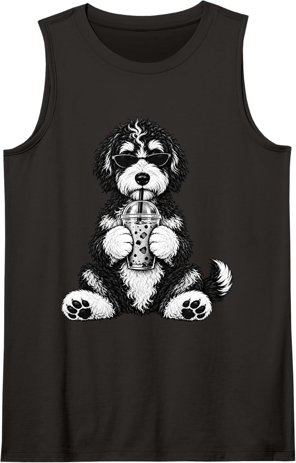 Funny Bernedoodle Iced Coffee Dog Sunglasses Graphic Sleeveless Tank Top - Black