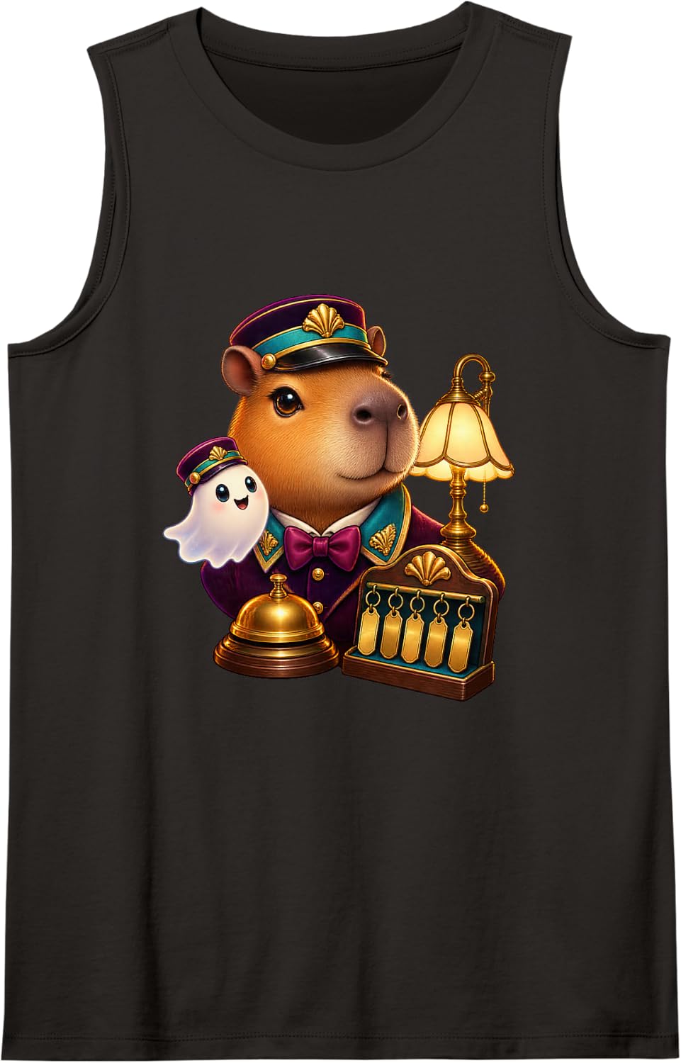 Calm Capybara Ghost Hotel Night Clerk Vertical Emblem Sleeveless Tank Top - Black