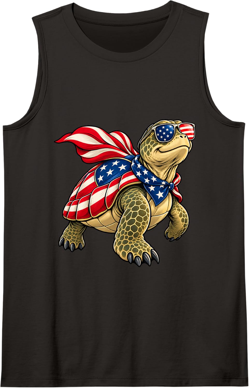 Turtle Sunglasses Cape Bandana Funny 4th of July Superhero Sleeveless Tank Top - Black
