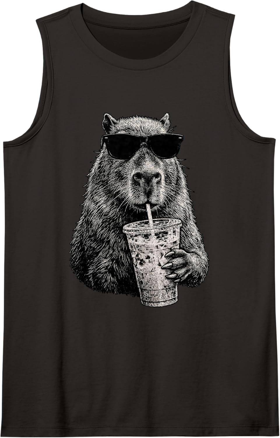 Capybara Drinking Iced Coffee Wildlife Animal Humor Sleeveless Tank Top - Black