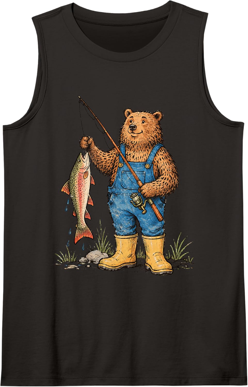 Bear Fisherman Trout Fishing Funny Angler Outdoor Nature Sleeveless Tank Top - Black