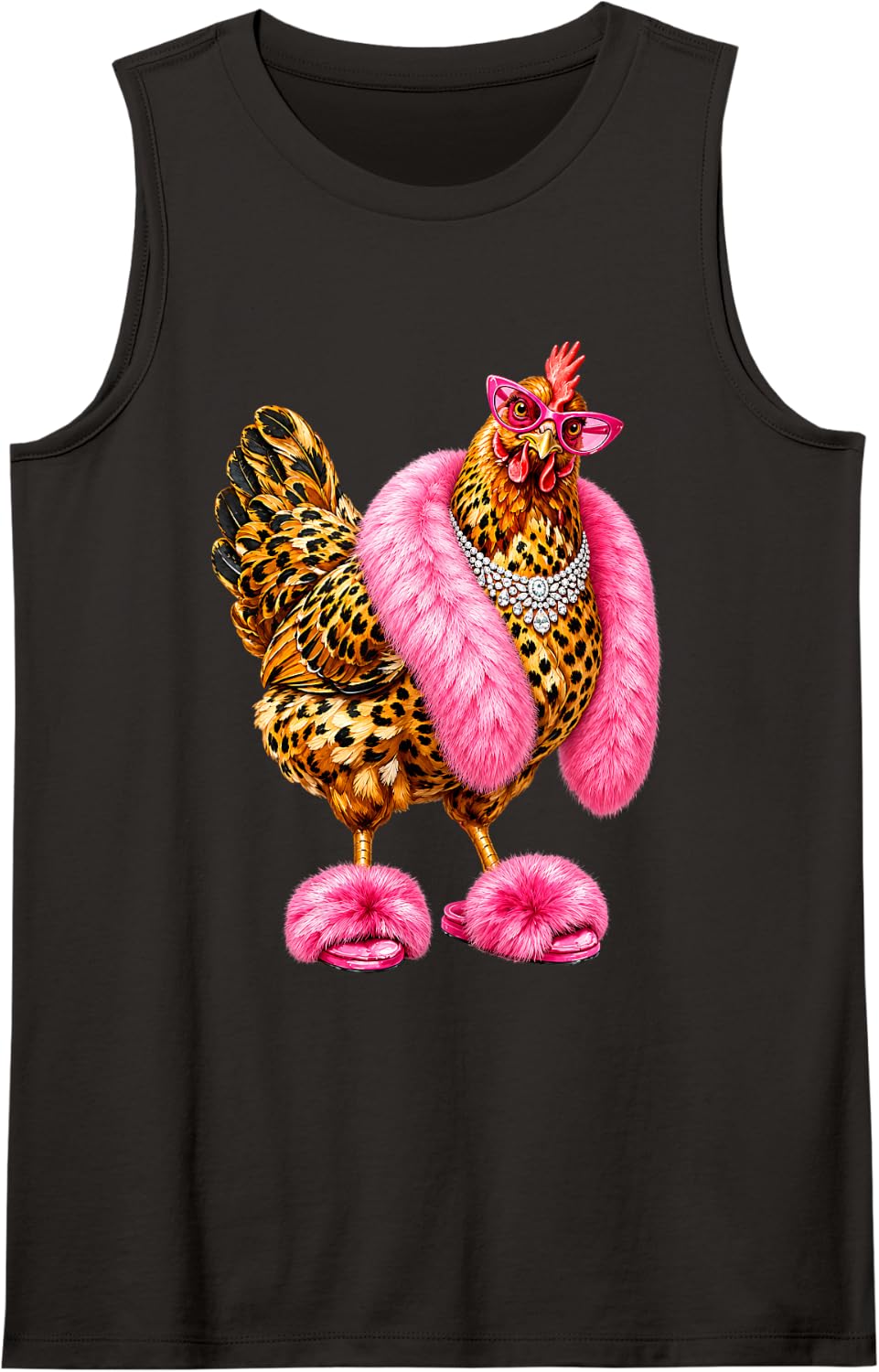 Glam Chicken Leopard Print Pink Fur Farm Animal Lover Farmer Sleeveless Tank Top - Black