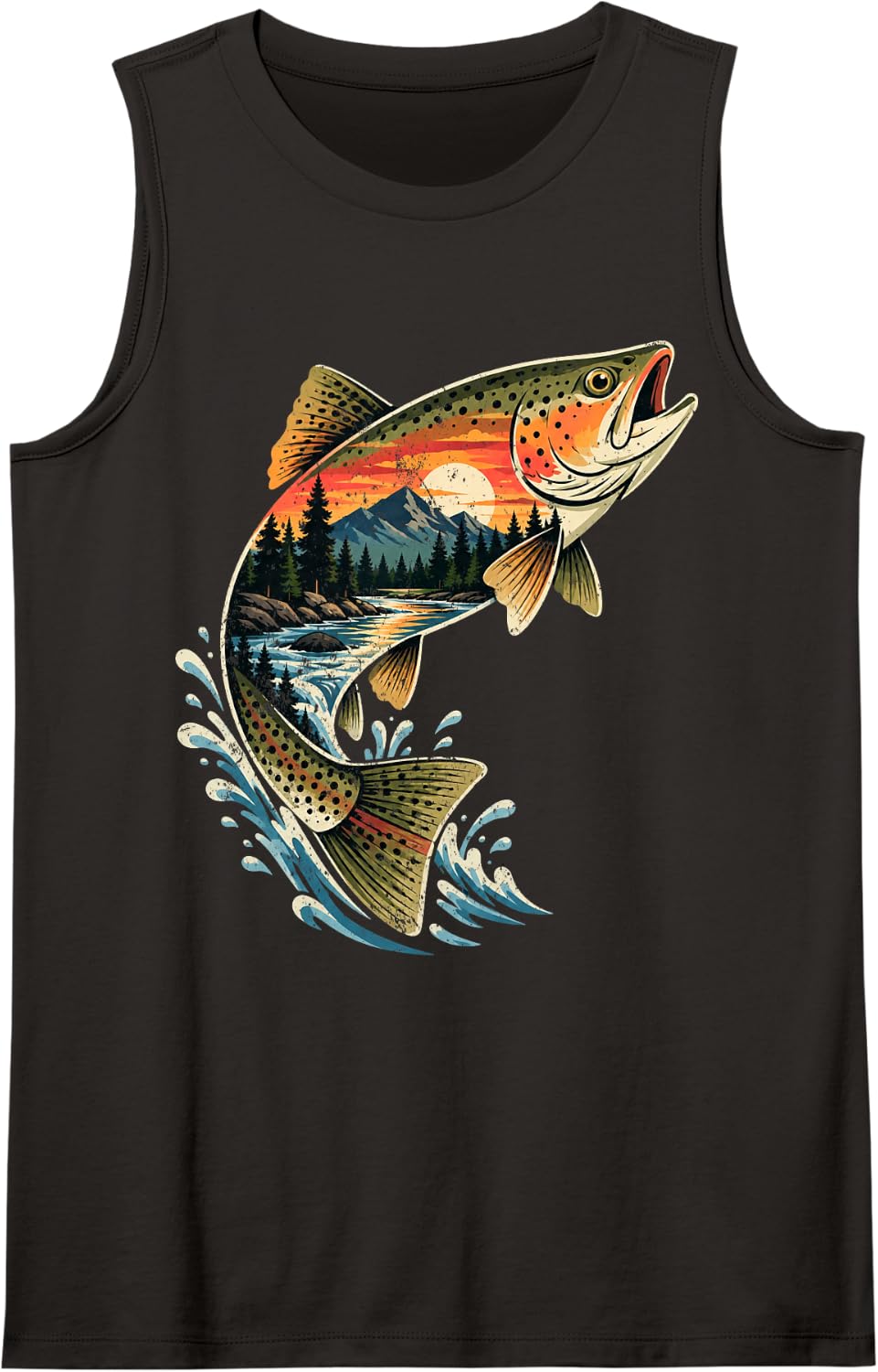 Trout Fishing Mountain River Fisherman Angler Fish Lover Sleeveless Tank Top - Black