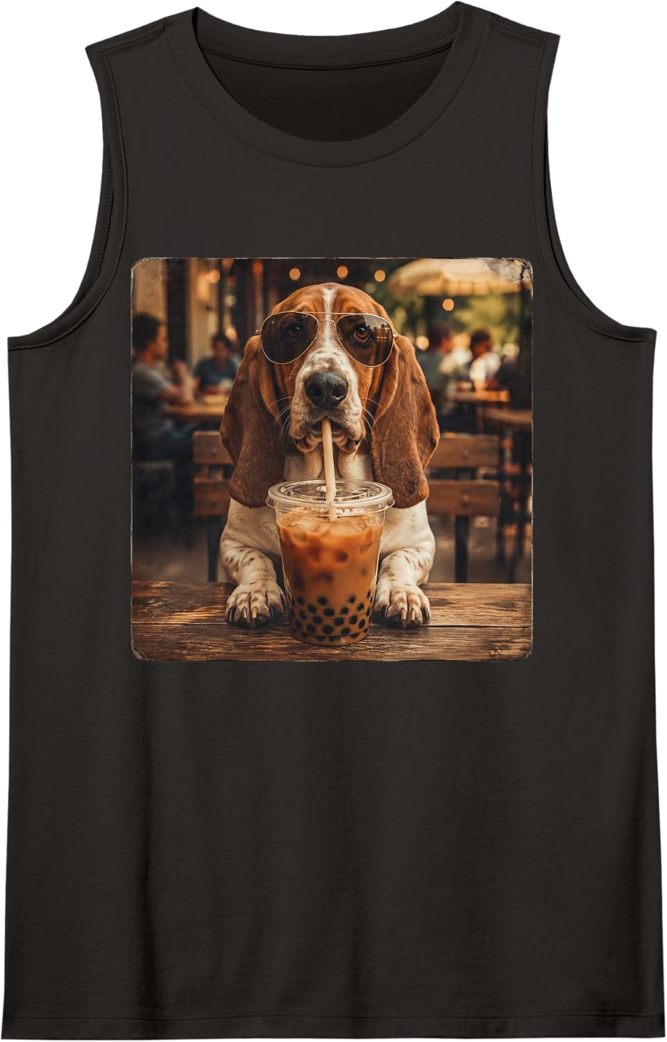 Basset Hound Drinking Iced Coffee Funny Dog Meme Sleeveless Tank Top - Black