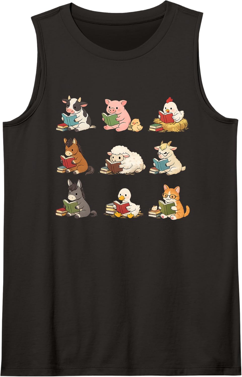 Cute Farm Animals Reading Books Book Lover Sleeveless Tank Top - Black
