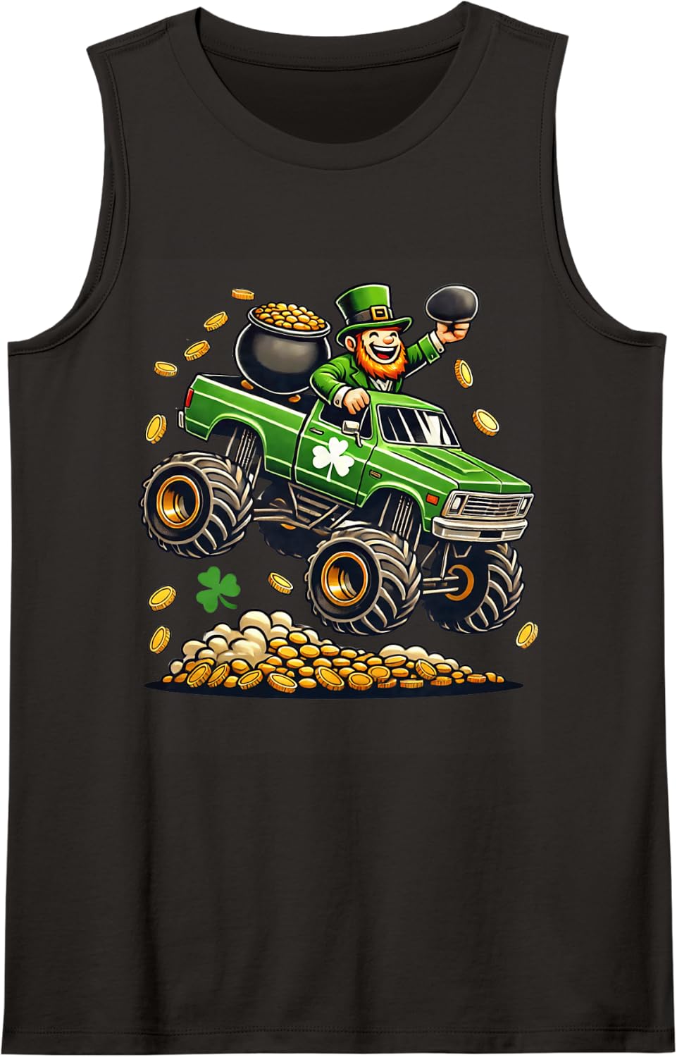 Boys Monster Truck Leprechaun St Patricks Day Kids Cute Tee Sleeveless Tank Top - Black
