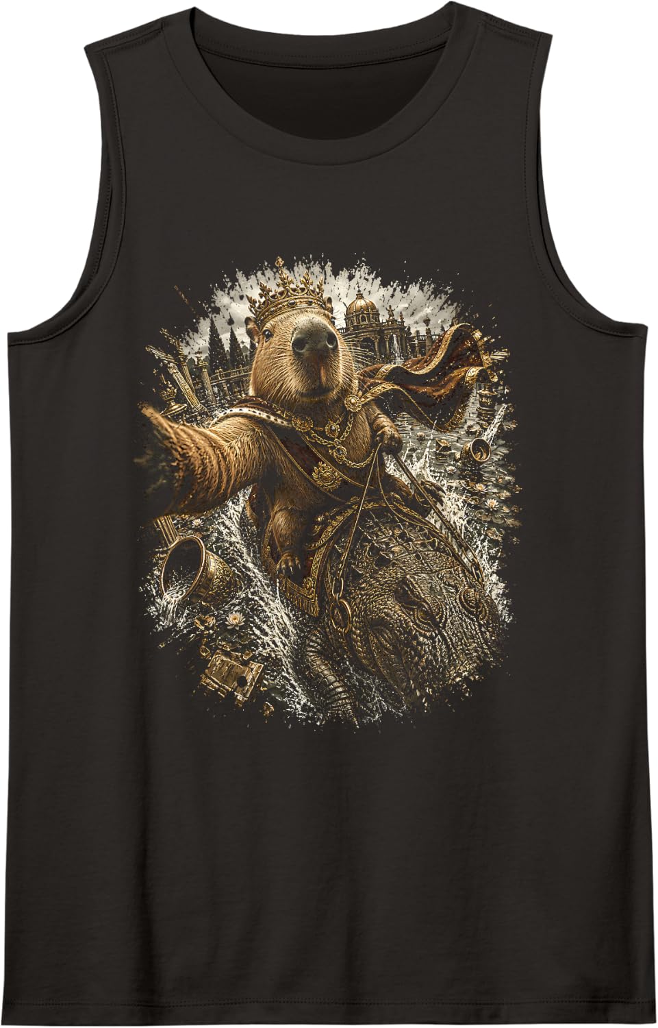 Capybara Emperor Riding Crocodile Fantasy Animal Rider Art Sleeveless Tank Top - Black