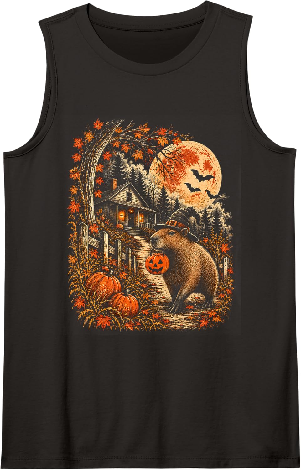 Vintage Capybara Pumpkin Halloween Moon Spooky Halloween Sleeveless Tank Top - Black